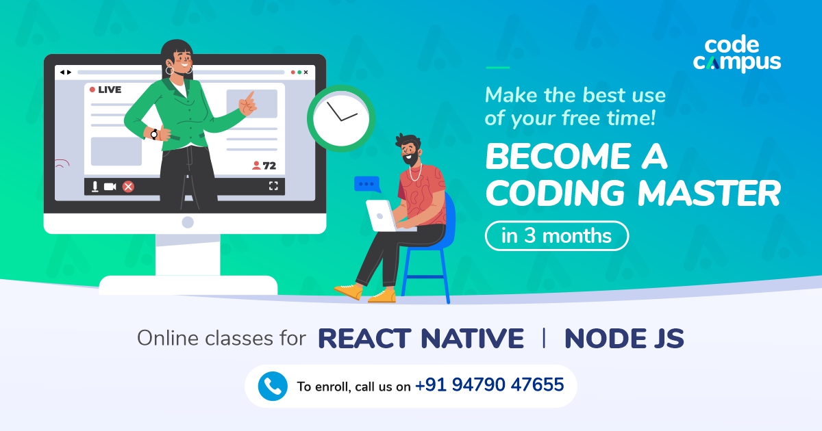CodeCampusIT's tweet photo. In just 3 months, become a coder. Create your own apps or get a job in some of the top IT companies in the world. Register for your online certified course in Node JS or React Native. 
To register, call us on +91 94790 47655.
#ReactNative #technology #applynow #Raipur #CodeCampus https://t.co/GOYukD3YWZ