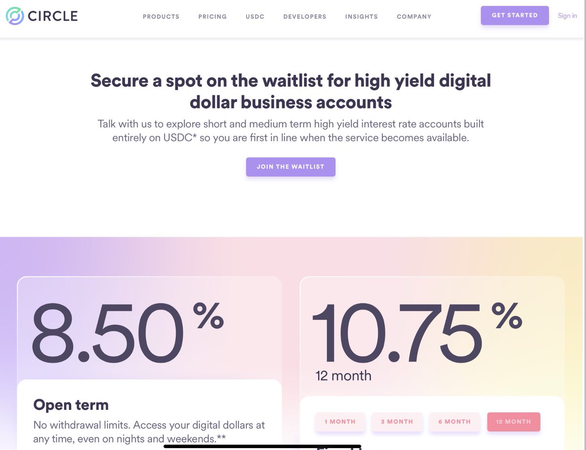 santiagoroel's tweet image. Circle is launching High Yield Digital Dollar Accounts w/ 8.5-10.75% APY. Where does the high yield come from?

Funds borrow USDC @ 8.5% from Circle, deposit in yearn/ Aave to earn ~15% &amp;amp; capture the spread. This off-to-on chain arb will be a liquidity vortex for DeFi protocols🌀