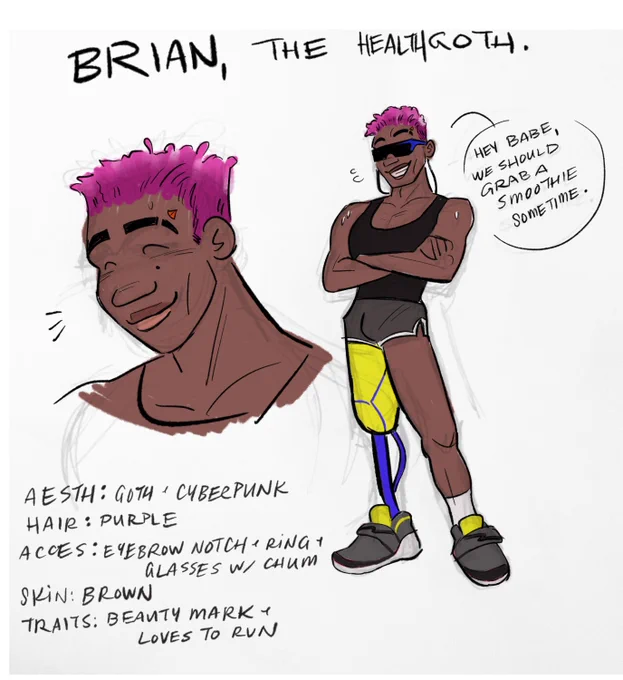 Meet Brian the Himbo I made with YOUR help!!!!! He's beautiful, he's lovely, he's dumb, he's a health goth, he drinks green smoothies and listens to techno/metal cus he has no taste and i do love him 