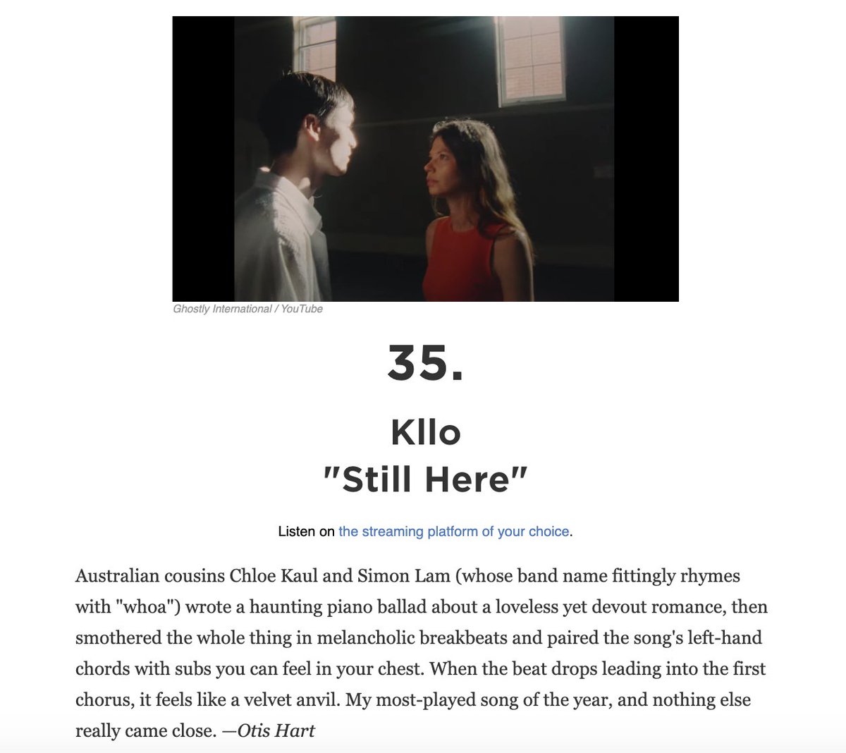 'Still Here' by <a href="/kllomusic/">Kllo</a> coming in at #35 on <a href="/NPR/">NPR</a>'s Best Songs of 2020 list. 

Read the full article here: n.pr/3qWI3UB