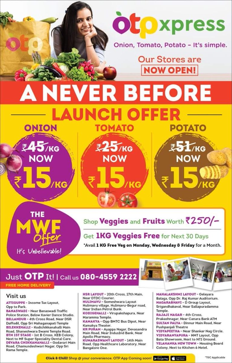 OTP_Xpress's tweet photo. 🧅🍅🥔 A NEVER Before Launch Offer

 🧅 Onion - ₹-15/-
🍅 Tomato - ₹-15/-
🥔 Potato - ₹-15/-

_______𝐎𝐓𝐏 𝐗𝐩𝐫𝐞𝐬𝐬 𝐒𝐭𝐨𝐫𝐞𝐬________
✦Banaswadi ✦Kodigehalli ✦Nagarbhavi ✦Sulthanpalya ✦Banashankari ✦Vidhyapeetha ✦Attiguppe ✦Prakash Nagar &amp; 11 more stores https://t.co/MkTbxlc0Nb