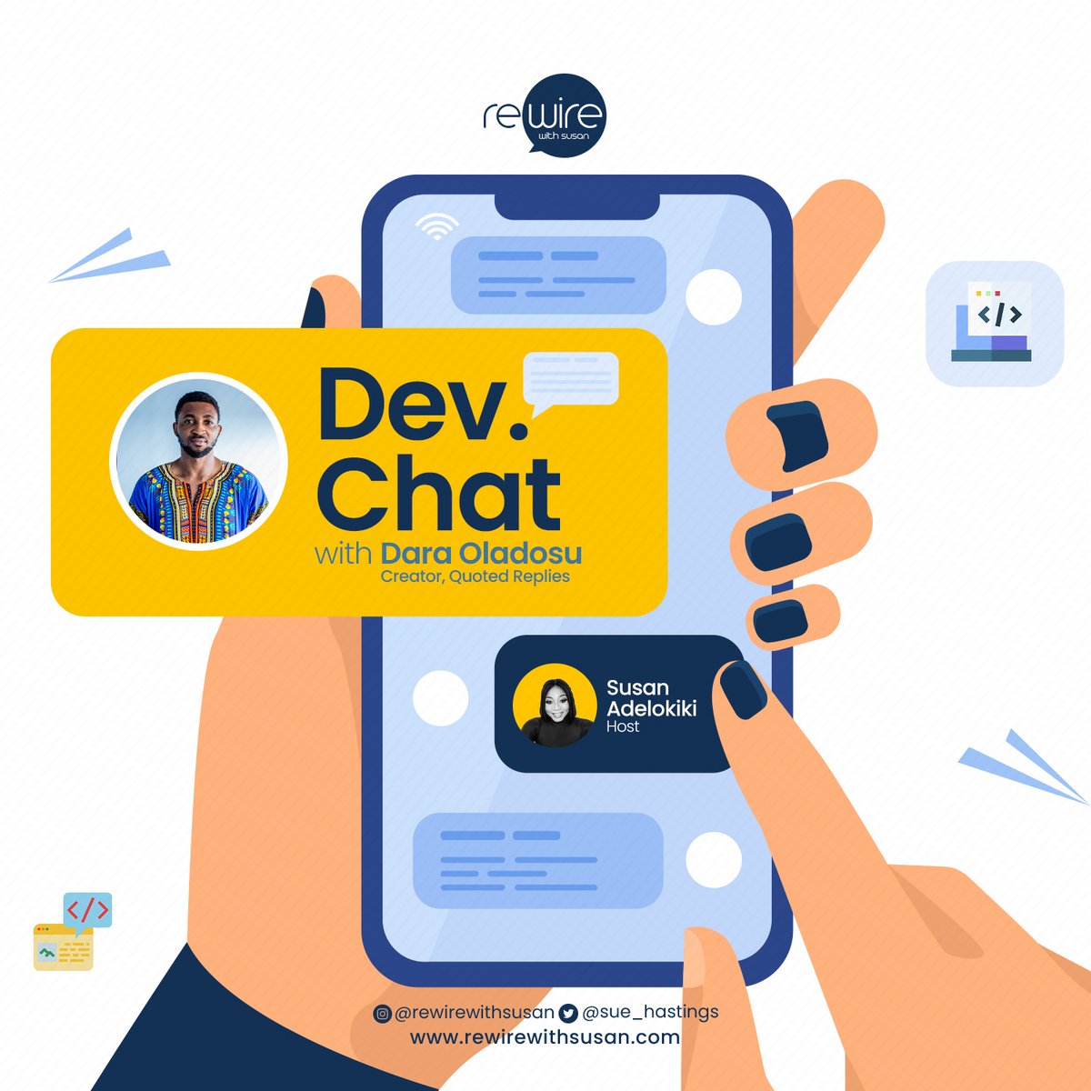 Sue_Hastings's tweet photo. Me: Knock knock
You: Who’s there?
Me: The first
You: The first, who?
Me: The first-ever interview on Rewire with Susan.💃🌚
Dev. Chat with @dara_tobi  is out now!🎉🎉Grab your headphones and a drink and go listen 🎧
https://t.co/9nl9RvD57i https://t.co/F8ofARtqcC