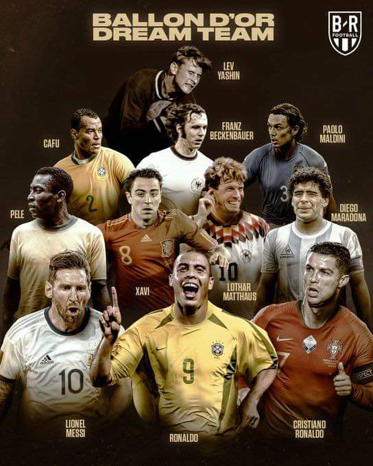tonysamia's tweet photo. The Ballon d'Or Dream Team, as elected by France Football ⚽❤️
#Maradona
#Ronaldo
#Cristiano
#Messi
#Cafu
#Pele
#Xavi
#Mathaus
#Maldini
#Beckenbauer
#Yashin https://t.co/G5Zj5PzX2j