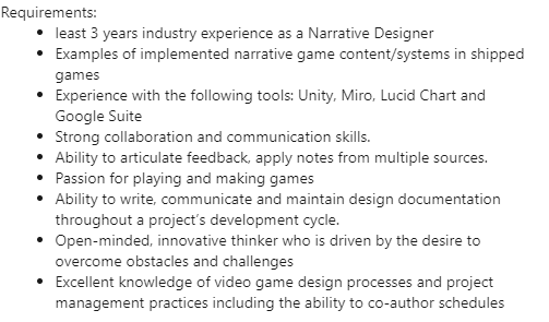 Let's play a fun round of "how senior do you think this Narrative Design role is"! Associate (entry level), Mid, Senior, Principal, or Director?