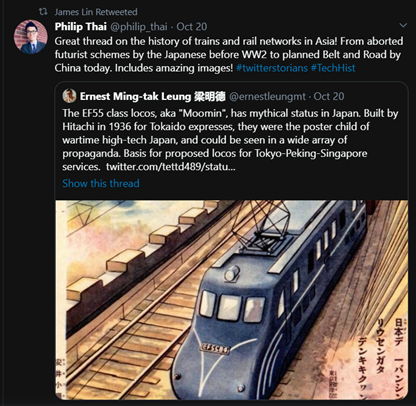 16/ But he did tweet one thing about Imperial Japan between 1931 and 1945… their trains. Because trains are super cool and what the IJA built while killing and enslaving everyone is definitely the same as China’s BRI /sarcasm