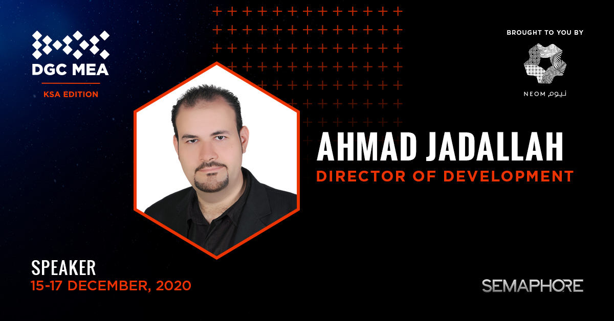 ahmadjadallah's tweet photo. It's my pleasure to be presenting "The Game Development Pipeline" at #DGCMEA on behalf of @SemaphoreLab 

What does it take to transform a game idea to a final shipping product? Tune in at https://t.co/N7c0NV738F at 6:35 pm KSA time.  

#DGCLIVE #DiscoverNEOM #اكتشف_نيوم @NEOM https://t.co/6mLE7H86cQ