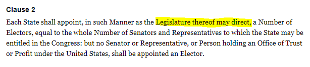 I thought I'd add some factual information IRT to the "LARP electors" thing. See the argument is that if Pence has two sets of electors, he gets to choose. But there's a problem with that, and it's Art II Sect 1 of the Constitution and how "electors" are made. Let's take a peek