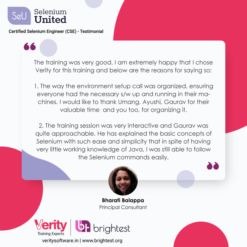 Thank you Bharati Balappa for all your kind words. We are glad you loved being a part of Certified Selenium Engineer (CSE) Course . It was in association with <a href="/SeleniumUnited/">Selenium United</a>  &amp; <a href="/BrightestOrg/">Brightest</a>. 

#testimonial #tuesdaythoughts #experience #training #feedback #CSE #Selenium
