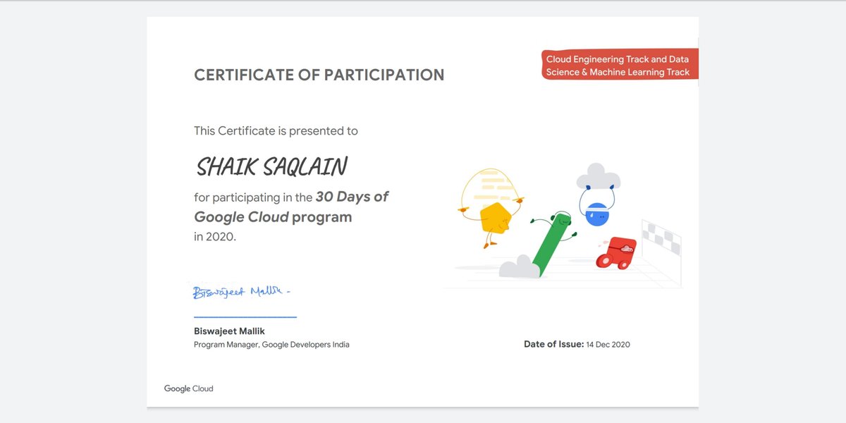 SiriussLucifer's tweet photo. Learnt a lot about google cloud ☁️ 🔥✌🏻.
Many thanks to you #GoogleCloud &amp; #qwiklabs for such a wonderful experience🔥🔥
Just received my certificate of participation upon completion of the #30daysofgooglecloud  program.
#google #qwiklabs #googlecloudplatform #cloudcomputing https://t.co/oiYBCdLZIy