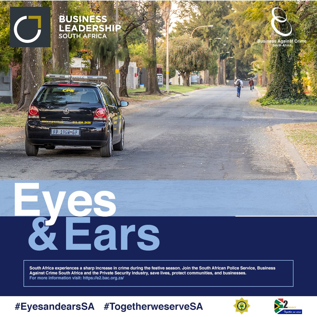 The “Eyes and Ears” Initiative is a joint crime fighting initiative. The initiative aims to tackle the festive season’s increased crime rate through a partnership between Private Security and SAPS. 

Read more: bit.ly/3meNXNq
#eyesandearsSA <a href="/BACSA_Official/">Business Against Crime South Africa</a> <a href="/BLSA_Official/">Business Leadership South Africa</a>