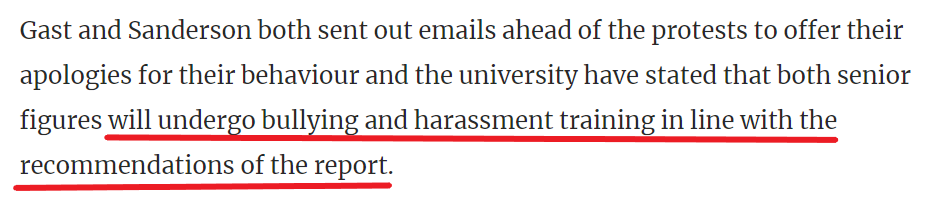 Granted standards have fallen as fast as VC salaries have risen. But we shouldn't allow them fall so low that a need to undergo bullying & harassment training is compatible w remaining in VC post. I mean, seriously, have the decency to resign Alice Gast. https://thetab.com/uk/london/2020/12/14/imperial-students-call-for-vc-alice-gast-to-resign-after-she-admits-to-bullying-claims-38039