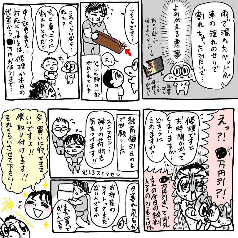 バセドウ病漫画その49
一応ベッドの金額を聞かれてそれをもとに算出した値引き額っぽいですが破格すぎました。
次回、のちに通い詰めることになるヤ◯ダ電機に向かいます。 