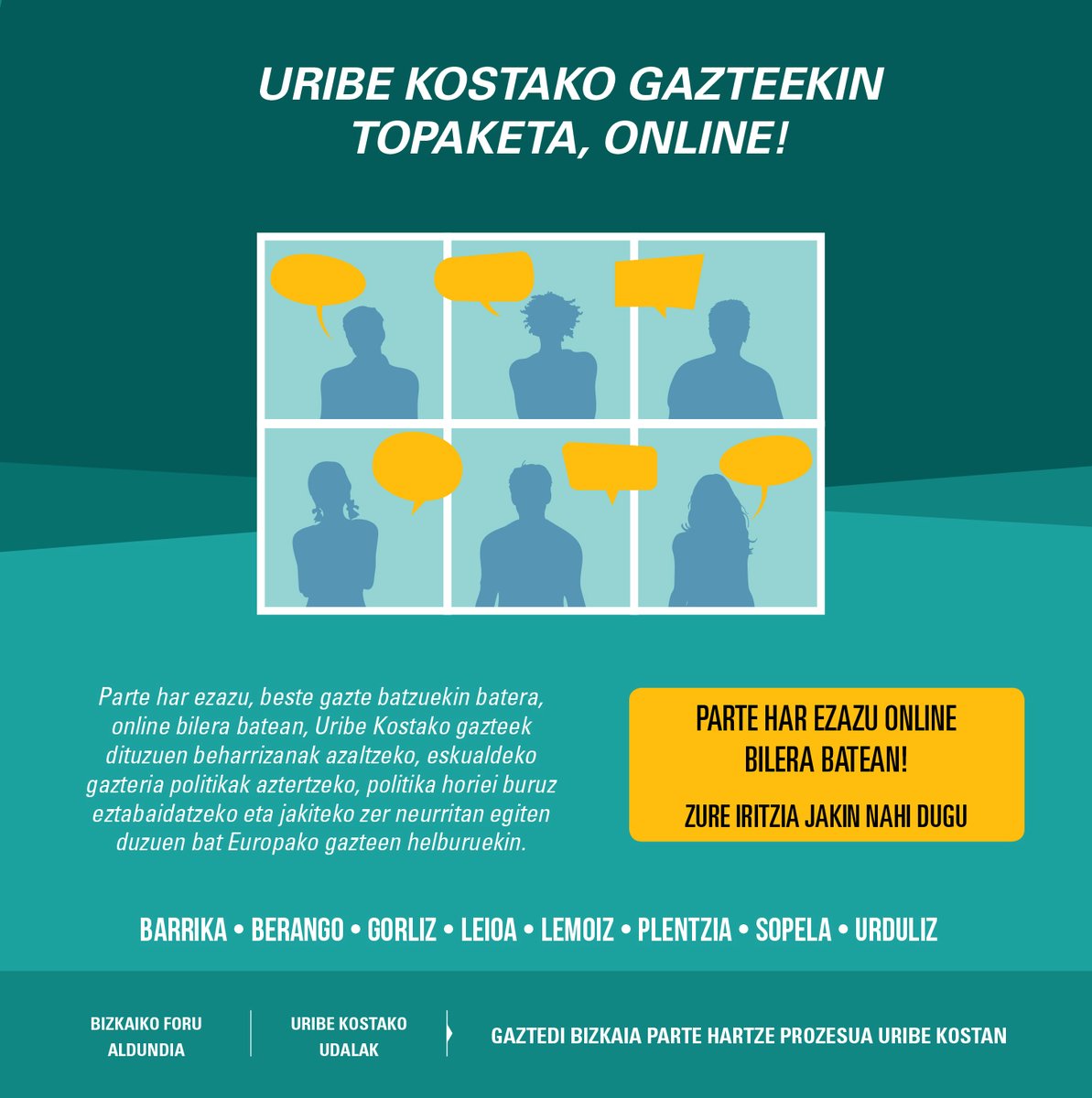 ukgaztedi's tweet photo. Gaur da eguna! Gaur 18:00etan hasiko da @BizkaiaGazteak eta Uribe Kostako Udalek gehi Leioak antolatutako online topaketa, Uribe Kostako gazteek dituzuen beharrizanak ezagutzeko.
https://t.co/7B69LgP4WG
#zureiritziajakinnahidugu https://t.co/xHu9EjEKi4