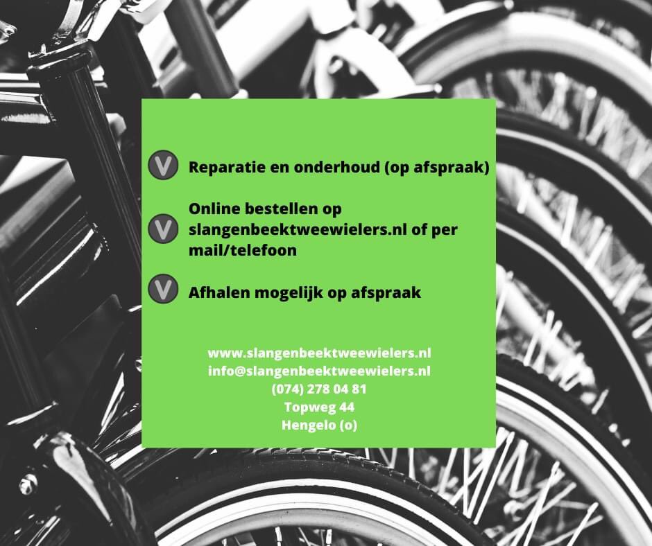 Vanwege de nieuwe aangekondigde maatregelen zijn wij genoodzaakt onze winkel tot in ieder geval 19 januari 2021 te sluiten. Afspraken voor reparatie of onderhoud gaan gewoon door. Bestellen van o.a. fietsen, accessoires en onderdelen kan via onze webshop en per mail/telefoon.