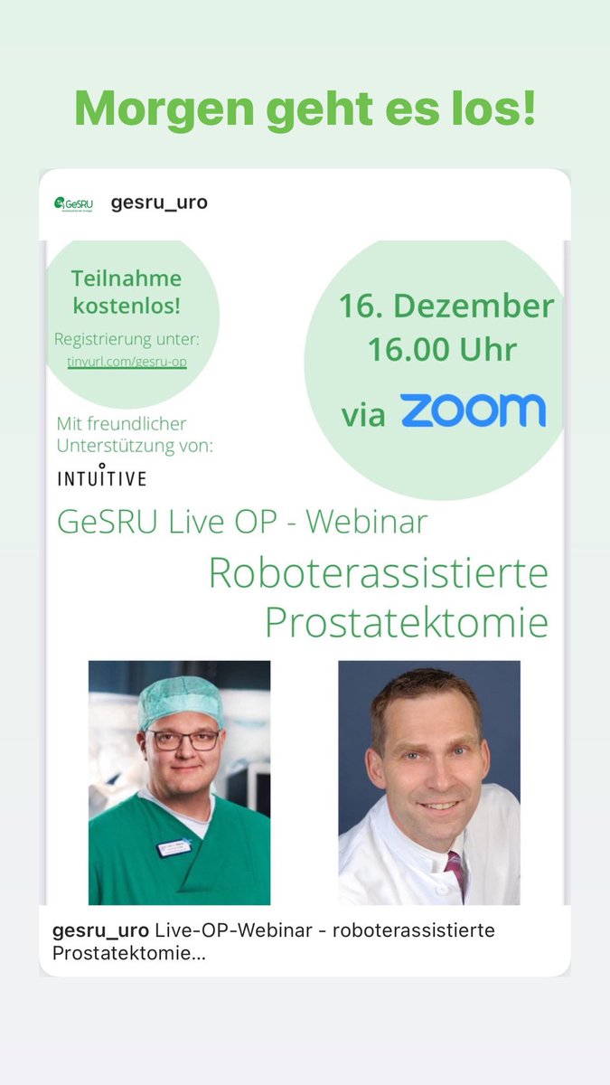GeSRU (@gesru_de) on Twitter photo Live-OP-Webinar - roboterassistierte Prostatektomie. Sei live dabei, wenn Dr. Christian Wagner (Gronau) operiert und stelle Fragen. Die Teilnahme ist kostenlos!
Anmeldung unter intuitive.zoom.us/webinar/regist… Live-OP-Webinar - roboterassistierte Prostatektomie. Sei live dabei, wenn Dr. Christian Wagner (Gronau) operiert und stelle Fragen. Die Teilnahme ist kostenlos!
Anmeldung unter intuitive.zoom.us/webinar/regist…