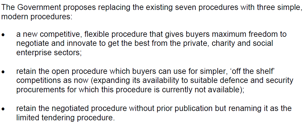 2) Govt proposes to simplify procurement regulations, reducing number of procurement procedures from 7 to 3. Greater simplicity and flexibility could be beneficial for both buyers and suppliers. BUT changing the regulations doesn't guarantee a bonanza of procurement innovation