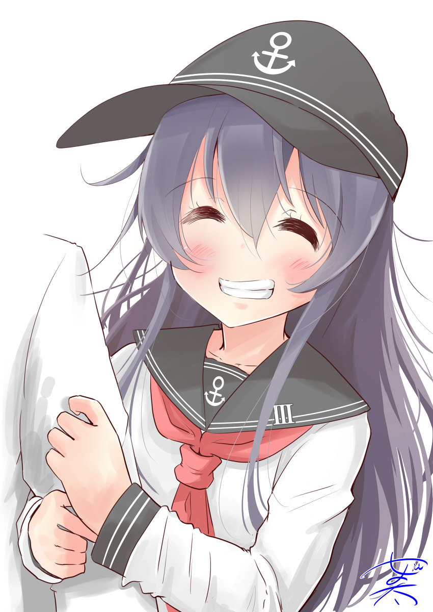 akatsuki (kancolle) 1girl school uniform long hair anchor symbol hat serafuku smile  illustration images