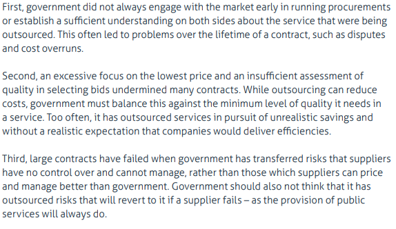 3) It's easy to blame 'bureaucratic' EU regs for poor procurement practice but many public bodies don't take advantage of existing flexibilities. And none of the key problems  @instituteforgov has identified with procurement are due to regulations  https://www.instituteforgovernment.org.uk/sites/default/files/publications/government-outsourcing-reform-WEB_0.pdf