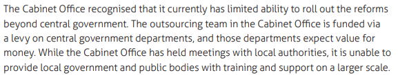 4) If govt wants to see real change in procurement practice then it needs to invest in training and support for public bodies. The Cabinet Office and commercial function already have some high quality training programmes. These should be expanded massively  https://www.instituteforgovernment.org.uk/sites/default/files/publications/carillion-two-years-on.pdf