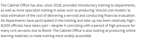 4) If govt wants to see real change in procurement practice then it needs to invest in training and support for public bodies. The Cabinet Office and commercial function already have some high quality training programmes. These should be expanded massively  https://www.instituteforgovernment.org.uk/sites/default/files/publications/carillion-two-years-on.pdf
