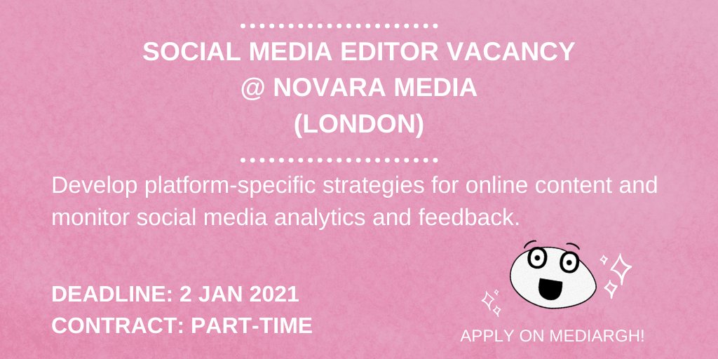 mediargh's tweet photo. Social Media Editor Vacancy
@ Novara Media
(London)
Apply here: https://t.co/Aj0eMRSiAK
#mediajobs #marketingjobs #Prjobs #socialmediajob #editorjob #jobsindigital https://t.co/4P9Y6yfi3O