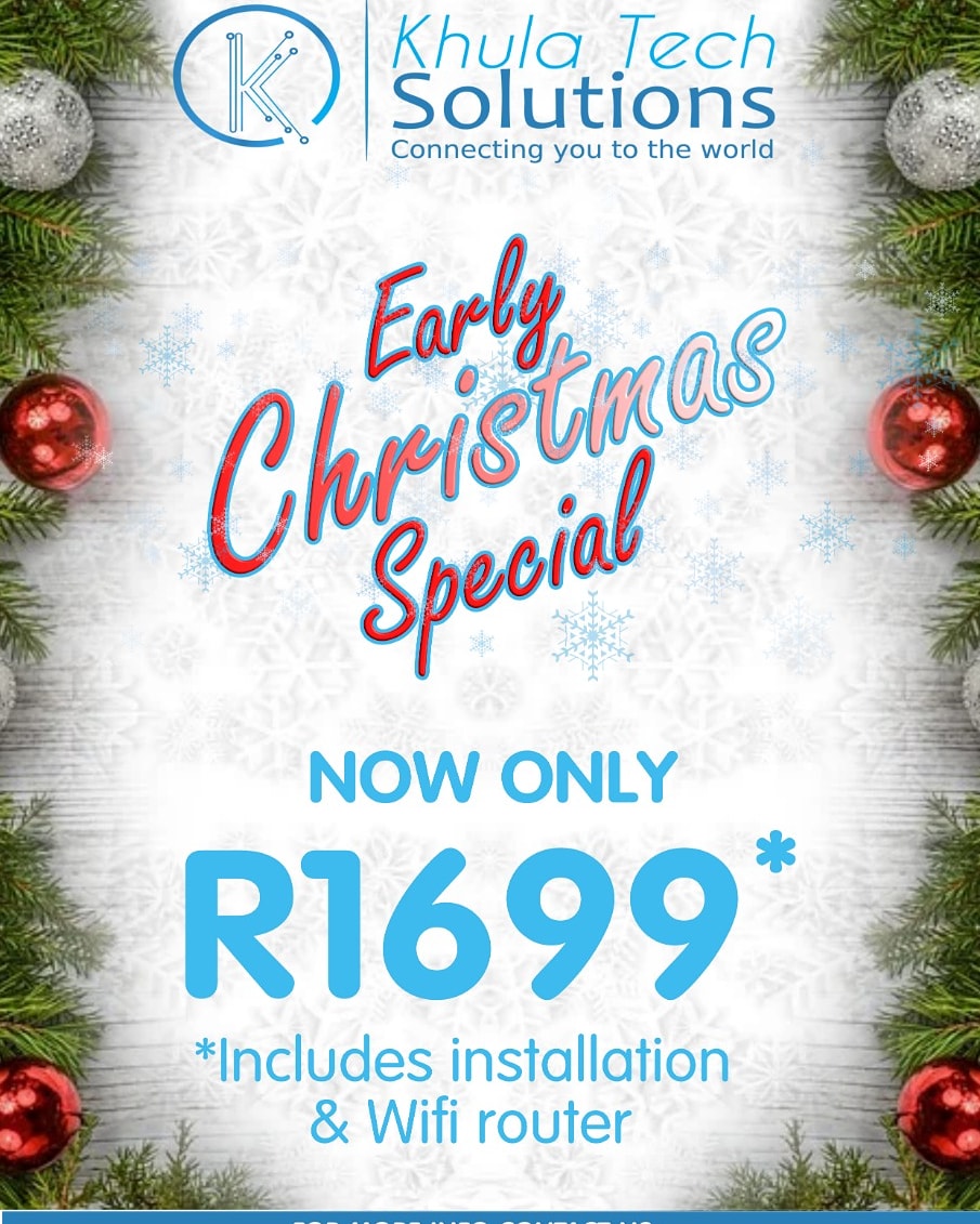 khula_tech's tweet photo. At Khula Tech Solutions, Christmas came early this year!! 

Sign up NOW, while stocks last, to get your full installation at this unbelievable price!

Cheers to a Christmas with WiFi🥂
#ConnectedThisChristmas #HomeWiFi #MakhandaChristmas #HappyHolidays https://t.co/MGt9U9NQD6