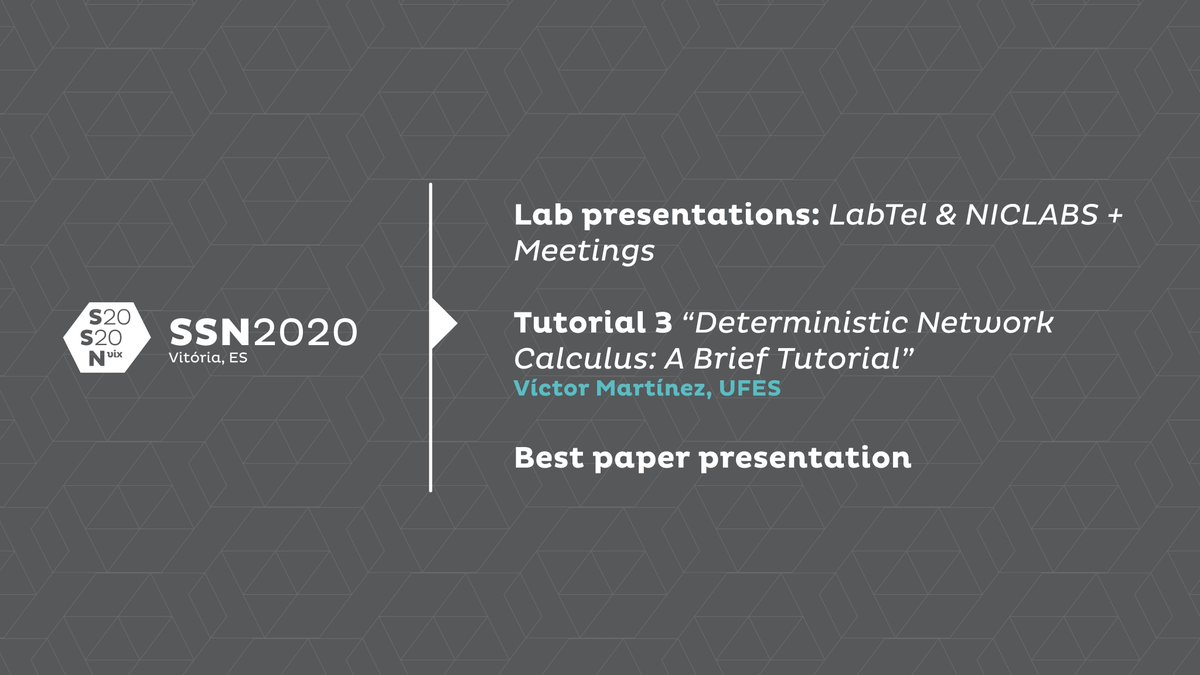 SchoolSysNet's tweet photo. Víctor Martínez, researcher at Universidade Federal do Espírito Santo (UFES), presents the tutorial “Deterministic Network Calculus: A Brief Tutorial”.

Now on: https://t.co/NcwtJ1USn7

#SSN2020 #systems #networks #iot #iotconecta @niclabscl @LabtelUfes @ufesoficial https://t.co/7My8JpFTpv