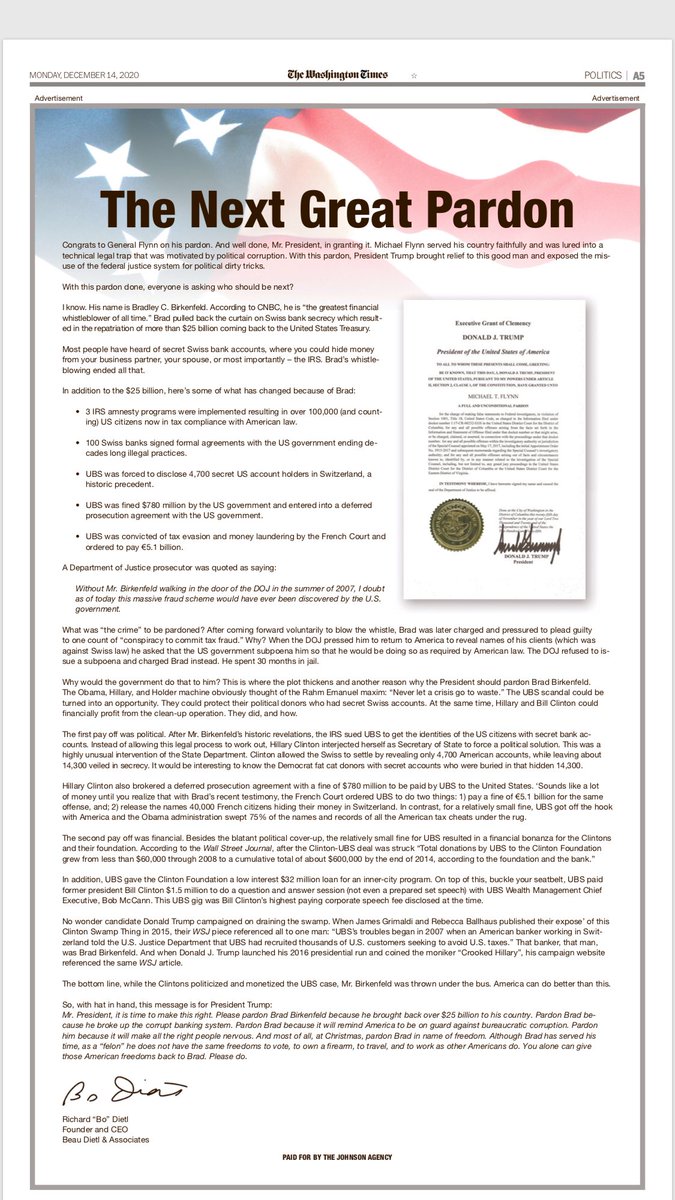“The Next Great Pardon”: In yesterday’s <a href="/dcexaminer/">Washington Examiner</a> - penned by <a href="/BoDietl/">Bo Dietl</a>.
Please read, share, repost and tag all those who NEED to see this!

#whistleblower #UBSscandal #pardon #pardonbradbirkenfeld #LucifersBankerUNCENSORED