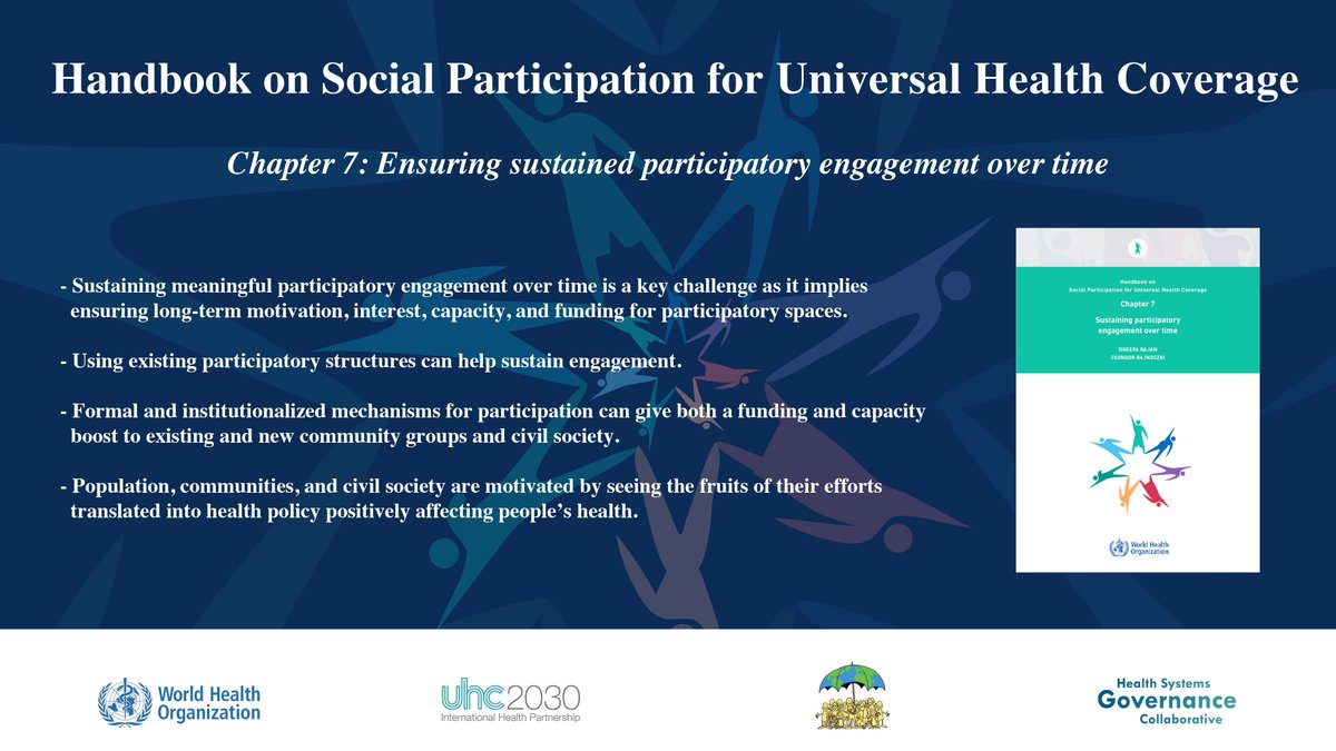 Too often participatory spaces remain a one time opportunity for people to voice their opinions in health. 

Learn more on the criticality of sustaining engagement over time in chapter 7 of the HANDBOOK ON SOCIAL PARTICITPATION FOR #UHC
