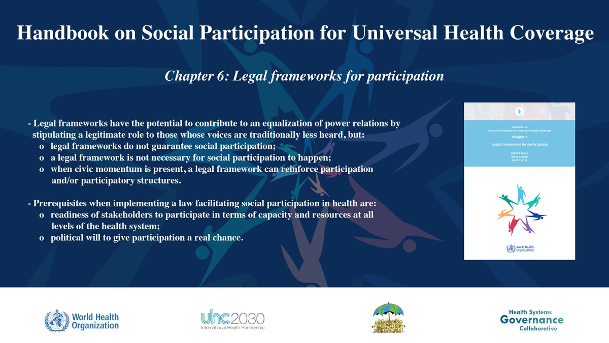 Human rights and public health go hand in hand. Legal frameworks for participation are not necessary for participation to happen but it can help to institutionalize participatory processes over the long term! 

Check out chapter 6 of the HANDBOOK ON SOCIAL PARTICITPATION FOR #UHC