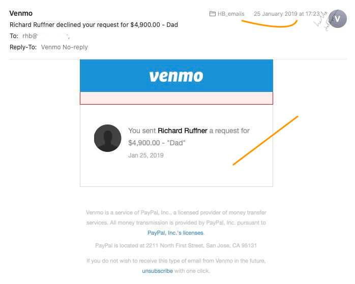 HelloTelegram's tweet photo. What should we understand? 
#hunterbiden sent Richard Ruffner (a former personal aide to Joe Biden???) a request for $4,900 with memo "Dad" via Venmo.
Of course, he (Richard Ruffner) declined. Memo's too bad, Lmao : )
Source #HunterBidenEmails https://t.co/bY2xz7z4vf