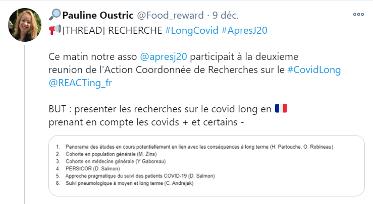 7- Collaboration avec chercheurs et médecins pr proposer 1 définition du Covid Long et 1 protocole de soin pr la prise en charge des patients.Nous faisons partie de 3 conseils scientifiques : -  @REACTing_fr -Inserm (sciences med)- ANRS (sciences sociales)