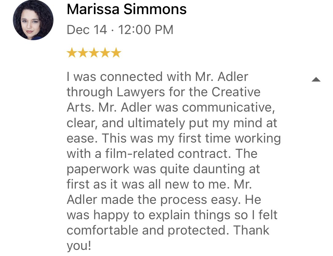 indiefilmlaw's tweet photo. Such a great feeling when a client takes the time to write a review! #film #contracts #artists @MarissaMezzo @adlerlaw https://t.co/cj3AB0ko2t