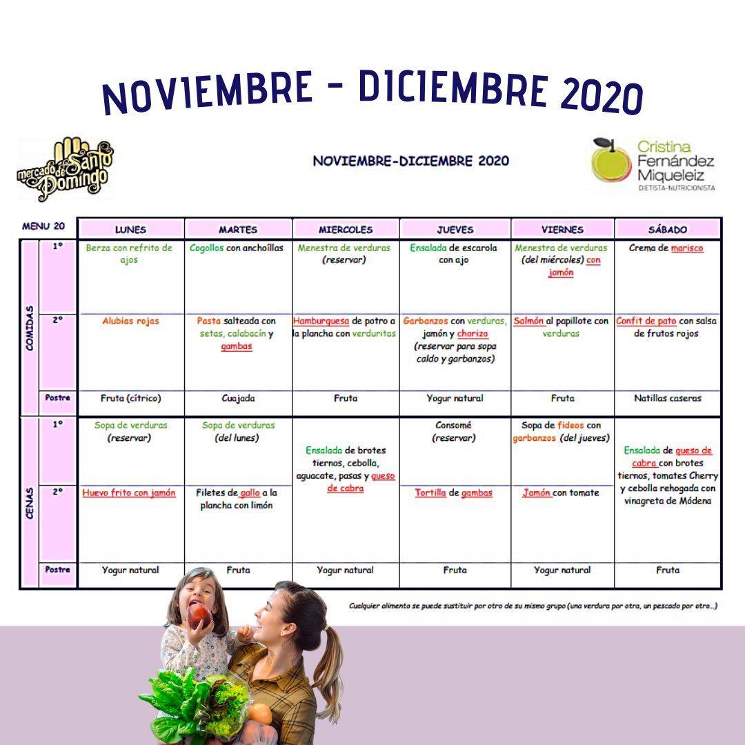 ViveelMercado's tweet photo. MENÚ noviembre - diciembre.

Que mejor forma de mejorar nuestra salud que con una dieta sana y equilibrada, y para eso te facilitamos una lista de la compra.
🥦🍎 ¡PARA QUE LA DISFRUTES! 🍎🥦

#saludable #dieta #nutrición https://t.co/un1KCiXHXQ