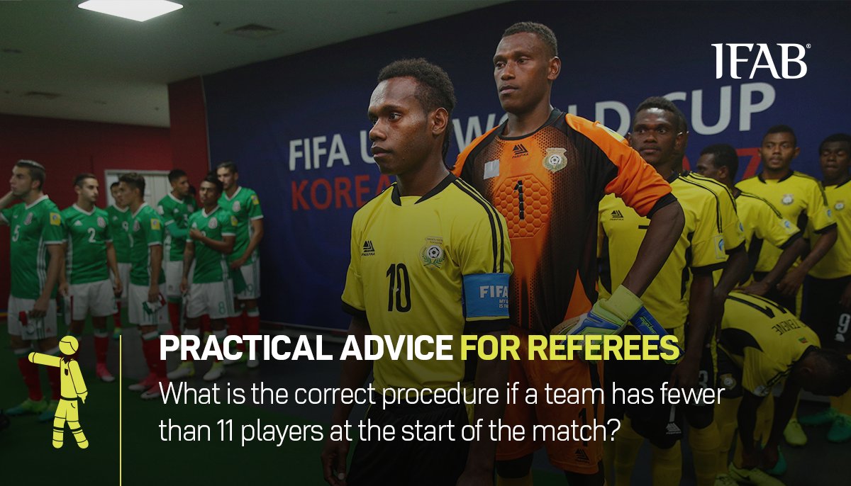 If either team has:
➡️ fewer than 7 players, a match may not start or continue
➡️ fewer than 11 players (but at least 7 players) at the start of the match, the ‘missing’ player(s) may join later on, during a stoppage in play, after receiving the referee’s permission
