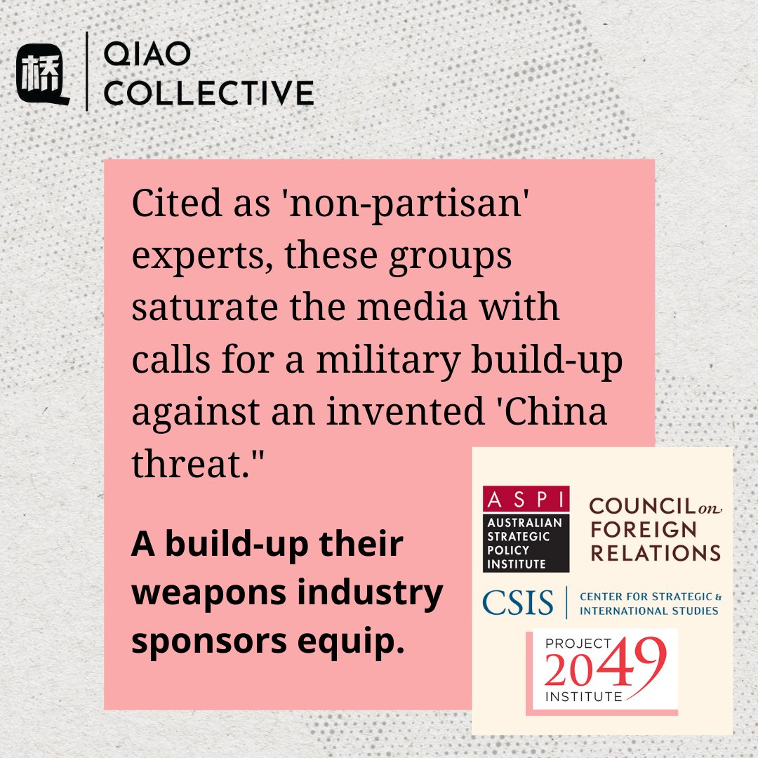 How the US is Manufacturing Consent for War on China:Western governments & weapons corporations fund think tanks like ASPI to make propagandaMedia like the NYT cite these think tanksThese govs & corps profit from the ensuing warREAD ↠  https://qiaocollective.com/en/articles/sinophobia-inc