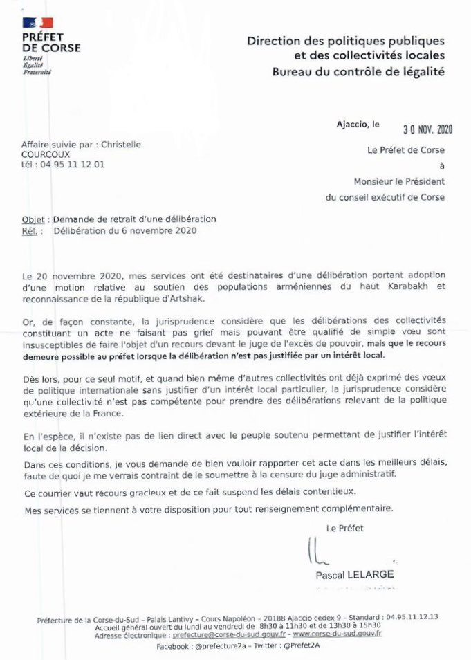 Gilles_Simeoni's tweet photo. Par courrier en date du 30 novembre, le Préfet de #Corse dénonce comme illégale la délibération de l’Assemblée de Corse en soutien au peuple arménien, et me demande de la retirer. Je lui ai écrit pour expliquer pourquoi elle sera maintenue. https://t.co/SWmi7JHcqq