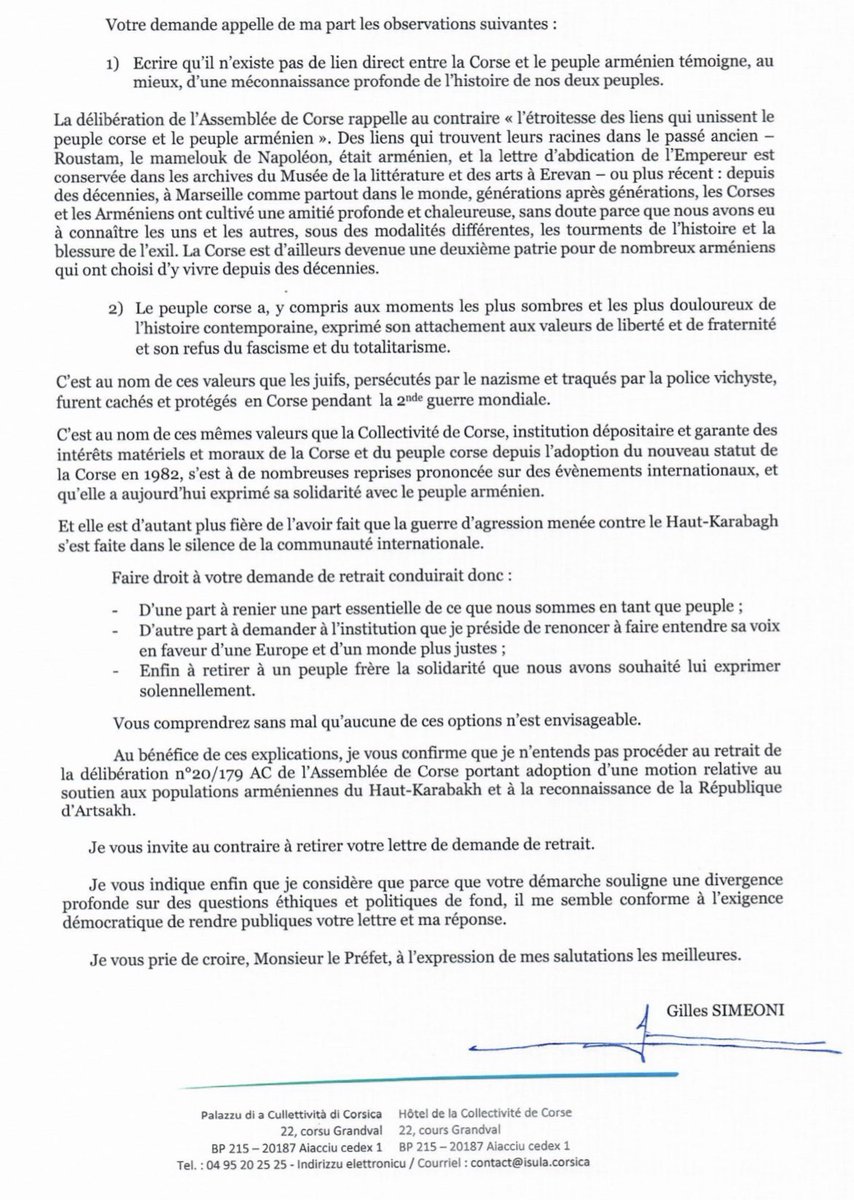 Par courrier en date du 30 novembre, le Préfet de #Corse dénonce comme illégale la délibération de l’Assemblée de Corse en soutien au peuple arménien, et me demande de la retirer. Je lui ai écrit pour expliquer pourquoi elle sera maintenue.