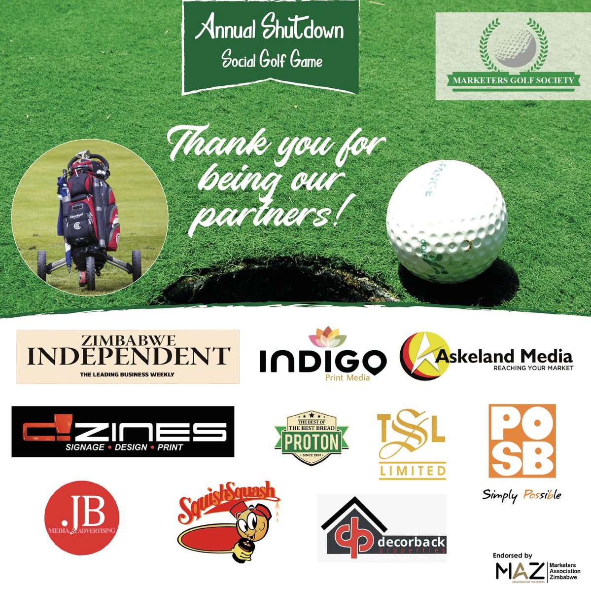 mgszimbabwe's tweet photo. We want to thank all the companies that have partnered with us for the MGS Annual shutdown down #Golf game to be played at The Brooke on Tuesday 22 December from 1130am.  Asante Sana ⛳ https://t.co/4CbshgWkHa