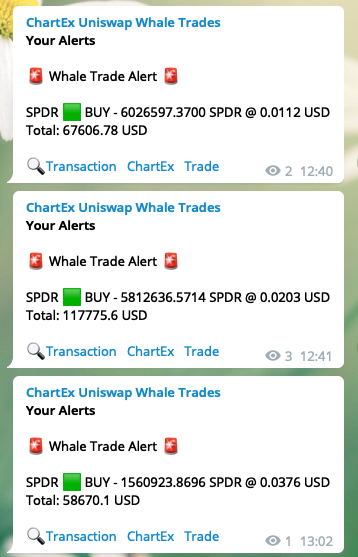 ChartExPro's tweet photo. Thinking of aping in to @SpiderDAO $SPDR - track the whales and their movements with our public Whale Tracker telegram channel at https://t.co/z9jiCmVmDh - trades over $50k on WETH markets are posted in realtime, real fast $CHART https://t.co/xO2FUyvnbQ