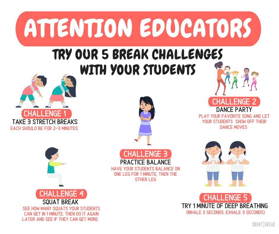 smartbreak's tweet photo. ATTENTION TEACHERS!! Here are 5 fun ways to get your students active virtually or in the classroom!
#activeclass #teachertips https://t.co/ZekzdQs4UY