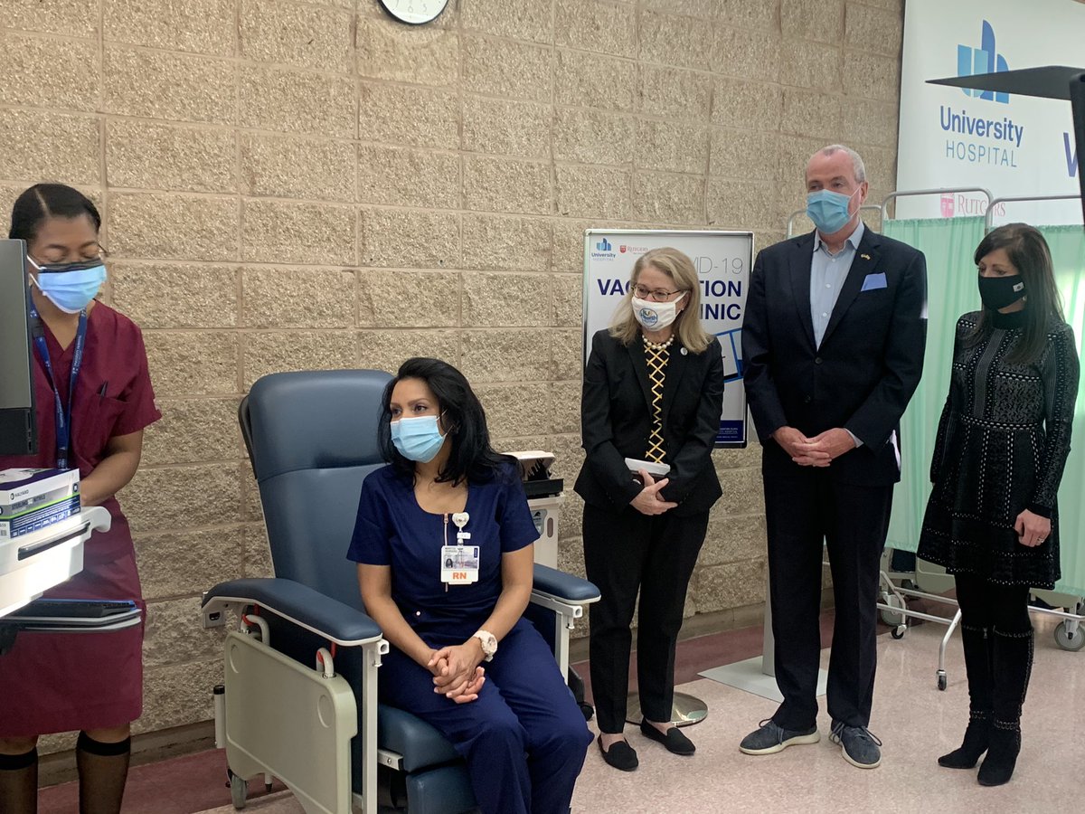 GunaRockYa's tweet photo. Maritza Beniquez, a nurse in the Emergency Department at @UnivHospNewark, prepares to be the first New Jerseyan to receive the @pfizer-@BioNTech_Group #COVID19 vaccine. Maritza is a mother of 3, grandmother of 2, and a proud member of HPAE Local 5089. And it’s her bday today! https://t.co/eoMsw9eEa3
