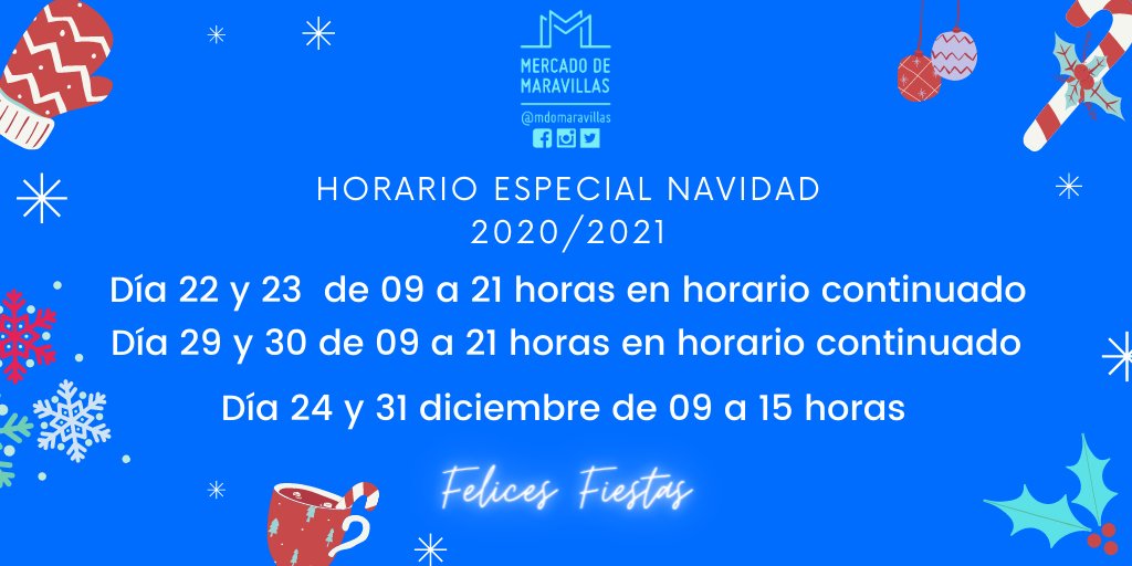 Nuestro #horario para estas #navidades 2020/2021 es el siguiente:

Día 22 y 23 de 09 a 21 horas en horario continuado.
Día 29 y 30 de 09 a 21 horas en horario continuado.
Día 24 y 31 diciembre de 09 a 15 horas.

Somos #mercadomaravillas

Desde 1942 el #mercadodeMadrid