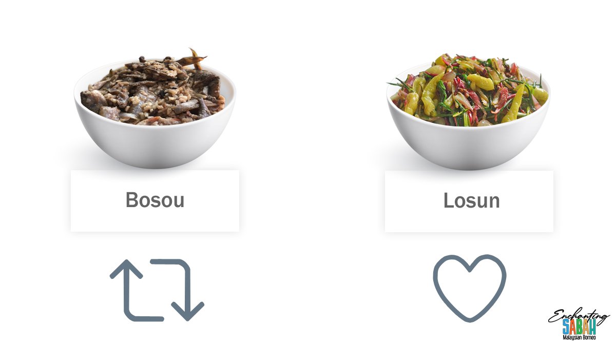 sabahtourism's tweet photo. These famous Sabah traditional dishes are the must-try dishes! Bosou is a recipe of tangy fermented meat whereas losun is a wild spring onion with less stinging taste. Both goes well with rice.
So which is your pick?
#StbTweetBattle #tuesdaybattle #triviatuesday #dish https://t.co/hMcX5462q3