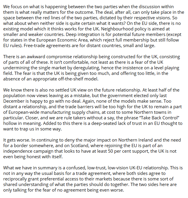 From my last Brexit article, four weeks ago. Nothing fundamental has changed. Deal or no-deal is still all about the messy internal politics of UK and EU.  https://www.prospectmagazine.co.uk/economics-and-finance/the-obstacles-to-a-brexit-deal-are-not-what-you-think