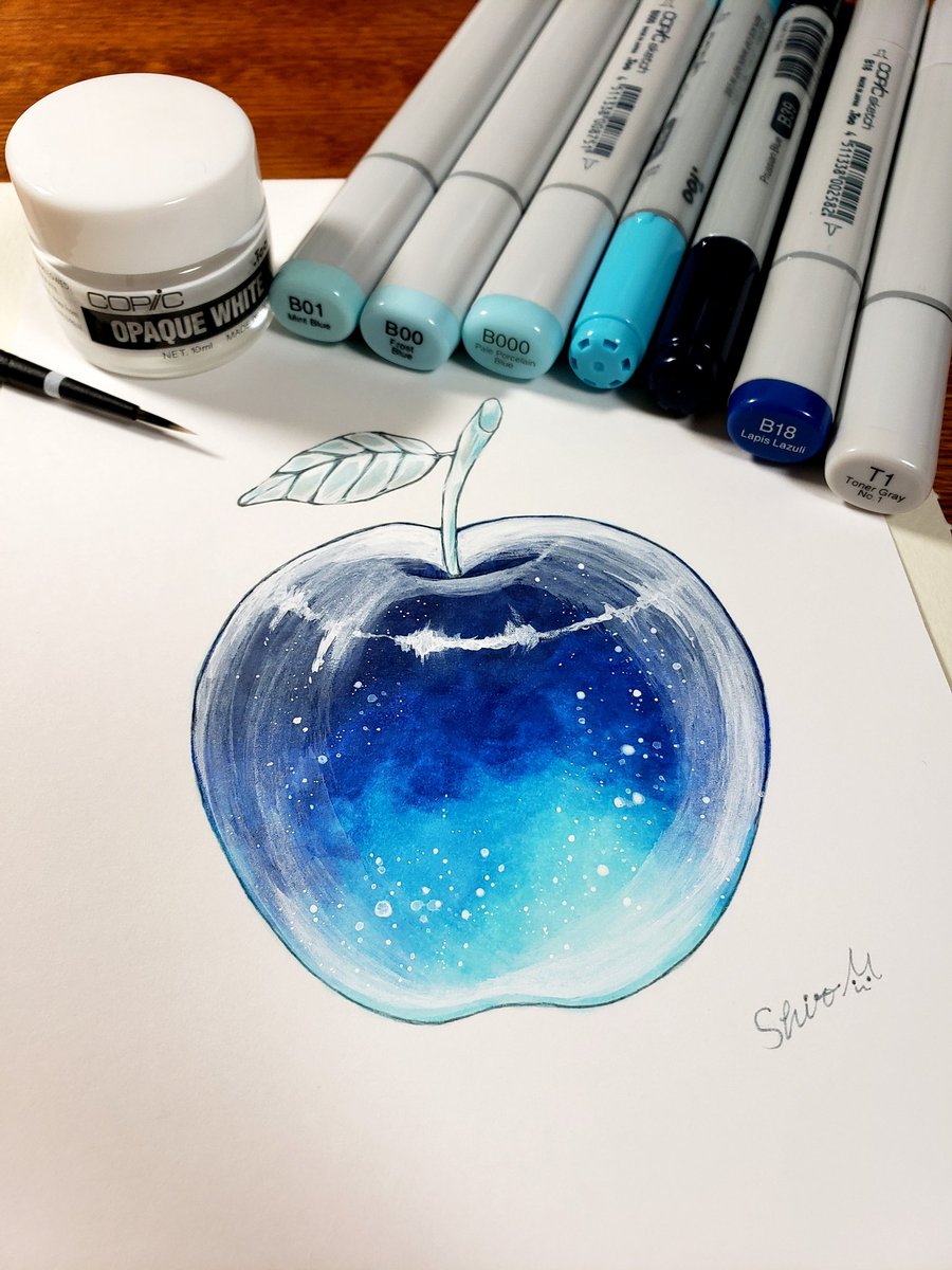 コピック オペークホワイトの試し塗りに 星空なりんごを描いてみました しろえむのイラスト コピック オペークホワイトの試し塗りに 星空なりんごを描いてみました しろえむのイラスト