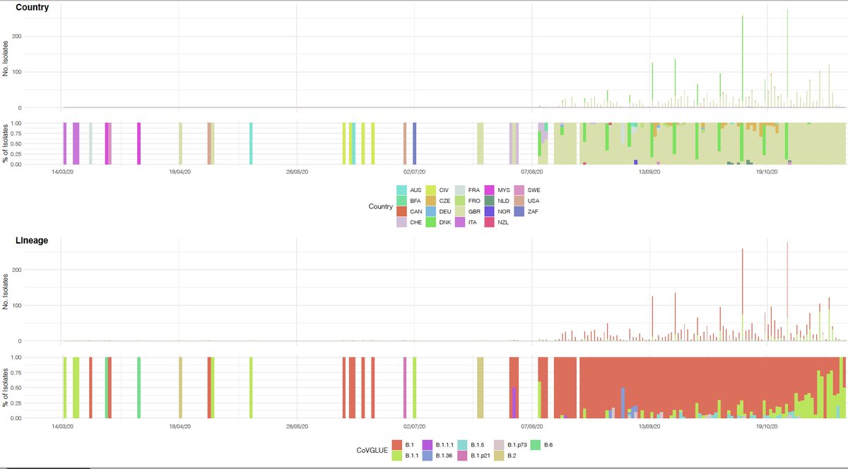 N501Y has also been found in association with spike  #deletions 69/70. del69/70 appears in distinct lineages (below current to 30/11/20) & can associate with binding domain  #spike mutations, including N439K also suggested to play a role in antibody escape  https://tinyurl.com/y3ayjkel .