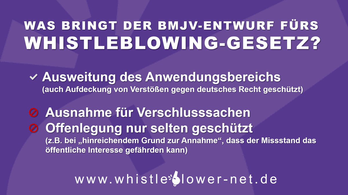 Whistleblower_N's tweet photo. Das @BMJV_Bund hat einen Gesetzesentwurf zur nationalen Umsetzung der #EU-#Whistleblowing-Richtlinie vorgelegt:
https://t.co/I2V43Qc3pT

Aber reicht das Gesetz aus, um #Whistleblower in Deutschland künftig wirklich umfassend zu schützen?

👉 Die Kernaspekte im Überblick: https://t.co/iaSmbiqvK0