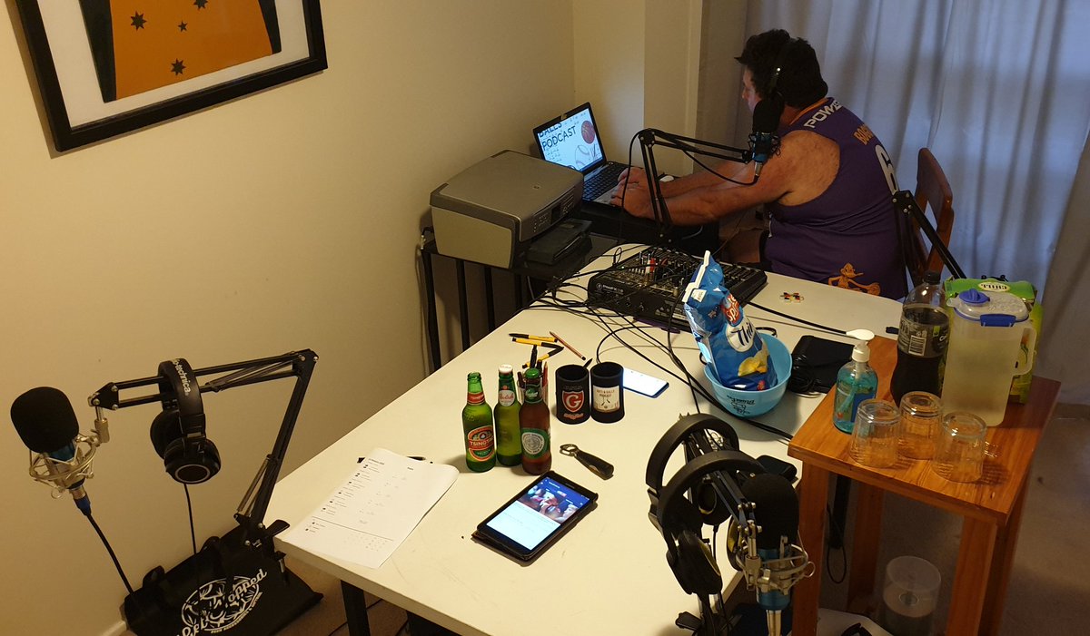batsandballspod's tweet photo. Recording the first part of our last episode for the year
@danbenjamin this is what our set up looks like. The Producer getting everything organised, on air talent lubricating for the show
#PodcastMethod https://t.co/7tiDoka7on