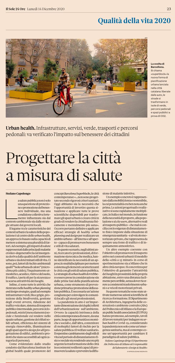Stefano Capolongo (@stefanocapolon4) on Twitter photo I risultati della 31a edizione del monitoraggio 2020 "Qualità della vita in Italia" del <a href="/sole24ore/">IlSole24ORE</a> con un approfondimento sul tema #Urban #Health.
Il mio punto di vista su come "#Progettare la #città a misura di #salute " I risultati della 31a edizione del monitoraggio 2020 "Qualità della vita in Italia" del <a href="/sole24ore/">IlSole24ORE</a> con un approfondimento sul tema #Urban #Health.
Il mio punto di vista su come "#Progettare la #città a misura di #salute "